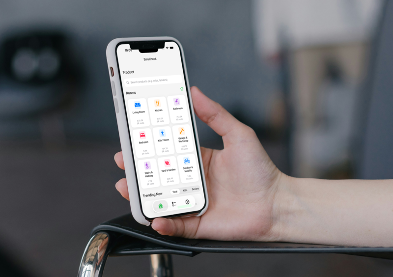 SafeCheck Home app showing a product category injury search